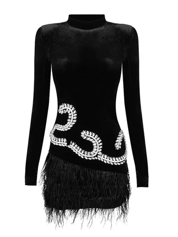 Solid Feathers Slim Rhinestone Mini Dress Stand Collar Long Sleeve