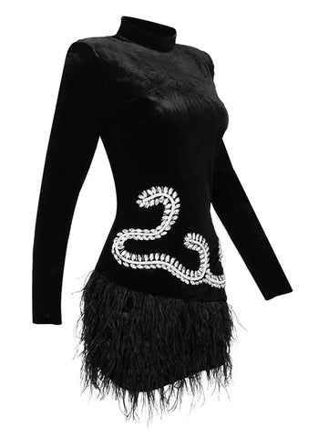 Solid Feathers Slim Rhinestone Mini Dress Stand Collar Long Sleeve