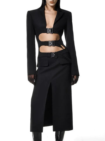 Solid Hollow Out Two Piece Sets Lapel Long Sleeve Coat High Waist Skirt