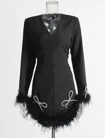 Solid Patchwork Feathers Elegant Dress V Neck Long Sleeve