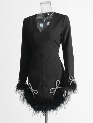 Solid Patchwork Feathers Elegant Dress V Neck Long Sleeve