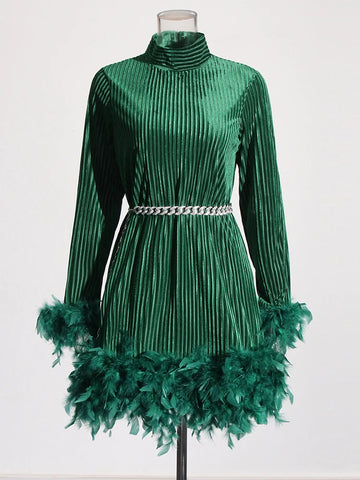 Solid Patchwork Feathers Slimming Elegant Dress Stand Collar Long Sleeve High Waist