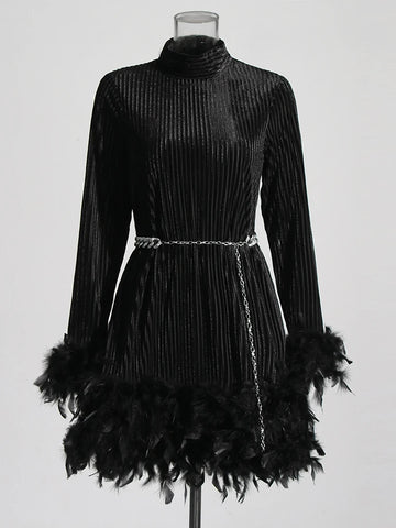 Solid Patchwork Feathers Slimming Elegant Dress Stand Collar Long Sleeve High Waist