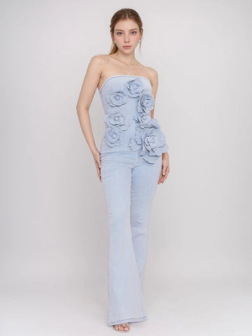 Solid Spliced Appliques Denim Jumpsuits