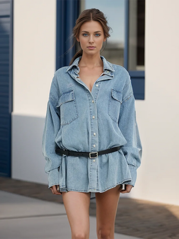 Solid Spliced Belt Mini Denim Dresses For Women