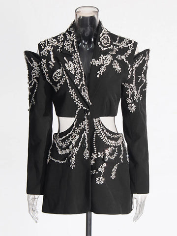 Solid Spliced Diamonds Chic Blazer Notched Collar Long Sleeve