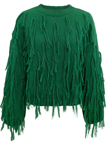 Solid Spliced Tassel Knitting Sweater Round Neck Long Sleeve