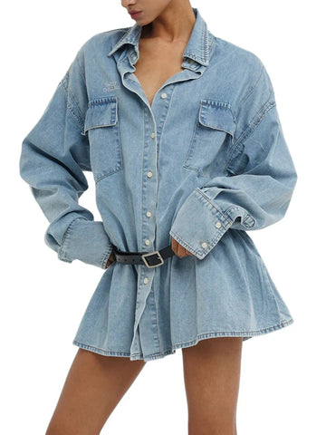 Solid Spliced Belt Mini Denim Dresses For Women