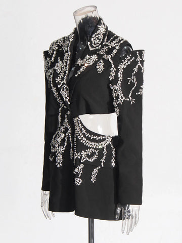 Solid Spliced Diamonds Chic Blazer Notched Collar Long Sleeve