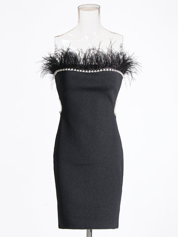 Spliced Diamond  Feather Elegant Dress  Strapless Hollow Out