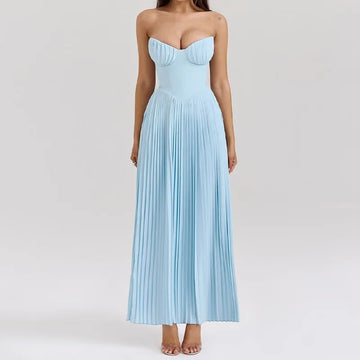 Strapless Women Pleated Maxi Dress Solid Backless High Waist