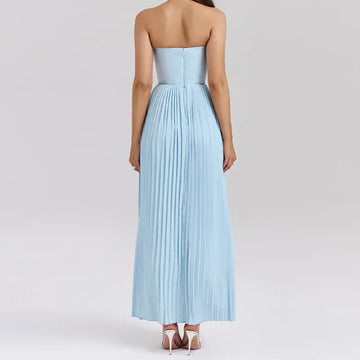 Strapless Women Pleated Maxi Dress Solid Backless High Waist