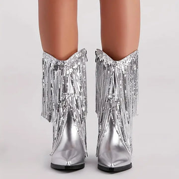 Stylish Fringe Metallic Cowboy Boots - Mid-Calf Boots with Pointed Toe