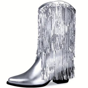 Stylish Fringe Metallic Cowboy Boots - Mid-Calf Boots with Pointed Toe