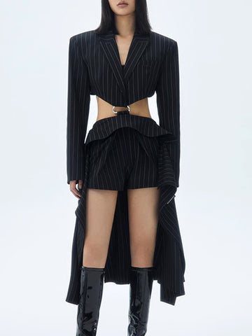 Temperament Stiped Two Piece Set Lapel Long Sleeve Coat High Waist Shorts