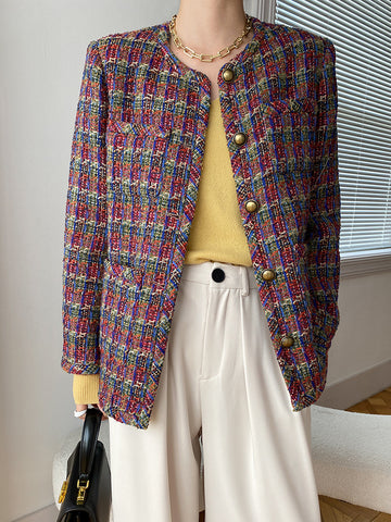 Tweed Plaid Jacket Vintage Style Long Sleeve Single Breasted