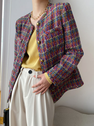 Tweed Plaid Jacket Vintage Style Long Sleeve Single Breasted