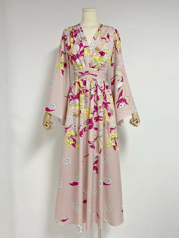 V Neck Flare Sleeve Boho Maxi Dress High Waist Floral Printing