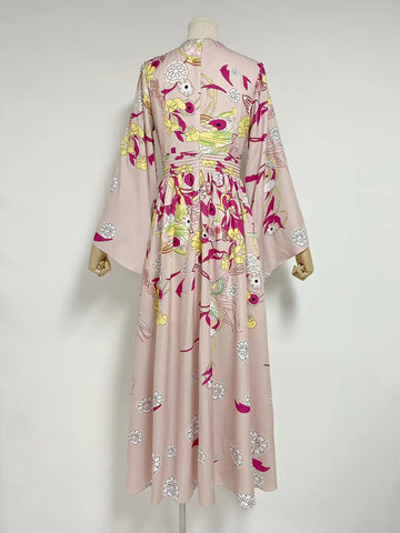 V Neck Flare Sleeve Boho Maxi Dress High Waist Floral Printing