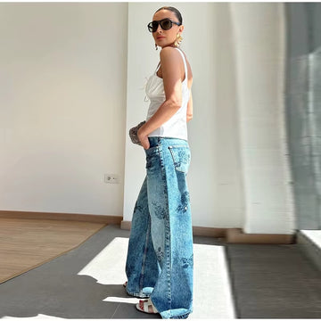 Vintage Women's Denim High Waist Jeans With Rhinestone