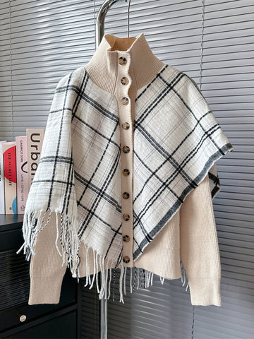 Vintage Knitting Cardigan Turtleneck Irregular Patchwork Tassels Hit Color Sweater