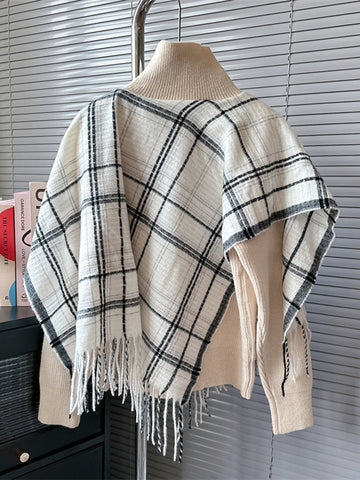 Vintage Knitting Cardigan Turtleneck Irregular Patchwork Tassels Hit Color Sweater