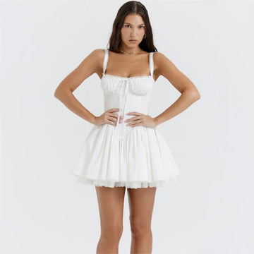 White Backless Bandage Lace Hem Mini Dress Sweet Chest Wrap Pleated