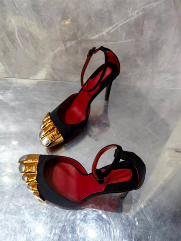 Woman Split Fingers Gold Toe Thin High Heel Sandal Shoes