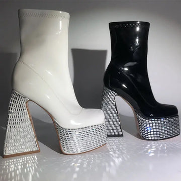 Woman Platform Rhinestone Ankle Boots Square Toe Chunky Booties Punk
