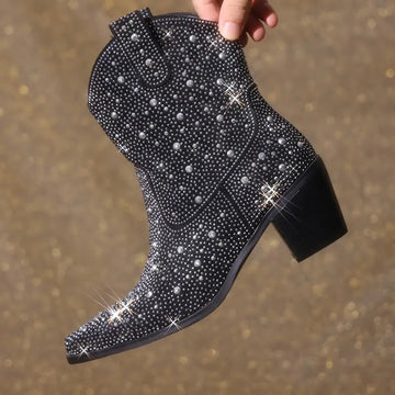 Rhinestone Shiny Ankle Western Boots For Women by Fashionella