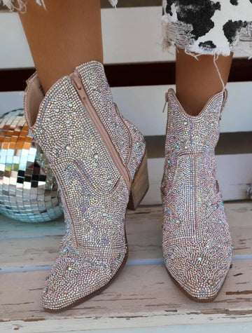 Women's Ankle Western Boots Rhinestone Glitter Bling Shiny Chic Cowgirl