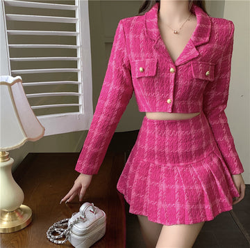 Women's Barbie Tweed Two Piece Set Short Jacket+Pleated Mini Skirt