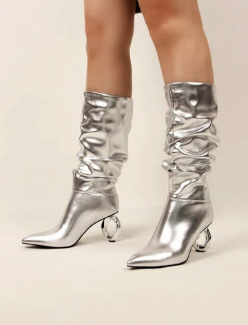 Women's Boots Methalic Silver Color Pleated Calf Pointed Toe New Design