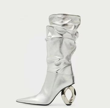 Women's Boots Methalic Silver Color Pleated Calf Pointed Toe New Design