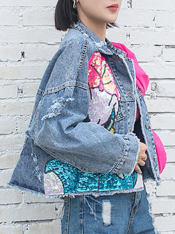 Women's Casual Denim Jacket Cartoon Patch Sequins Spliced Bow Loose