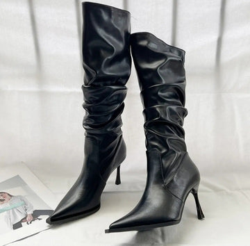 Women's Cowgirl Boots High Heel Pleated Design Pointed Toe Knee High