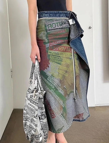 Women's Denim Skirt Vintage Style İrregular Printing High Waist