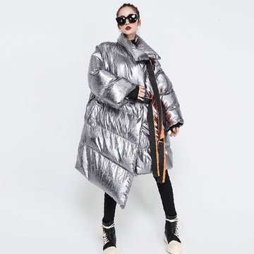 Women's Down Jacket Thick Warm Long Sleeve Patchwork Ribbons Coat