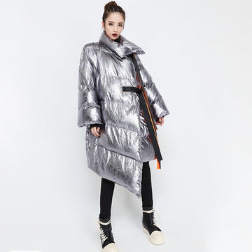 Women's Down Jacket Thick Warm Long Sleeve Patchwork Ribbons Coat