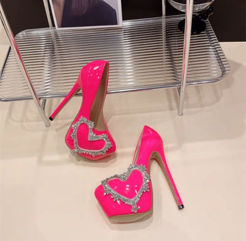 Women's High Heel Pumps Rhinestone Heart Shape Platform Stilettos