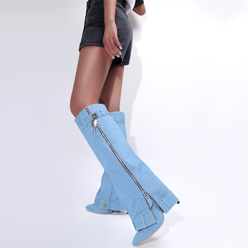 Women's Key Buckle Denim Boots Knee High Pointed Toe Autumn Winter