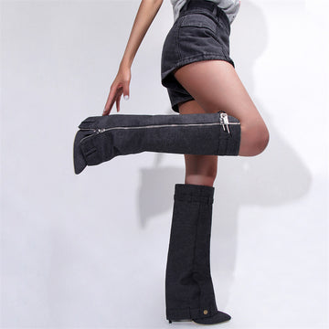 Women's Key Buckle Denim Boots Knee High Pointed Toe Autumn Winter