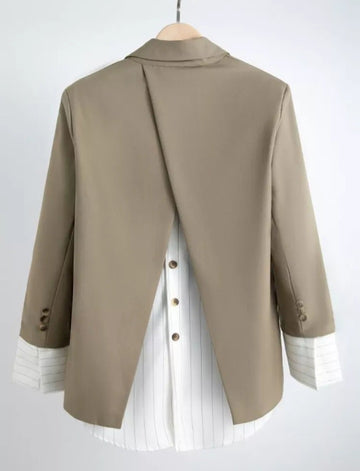 Women's Korean Slim Patchwork Blazer Notched Collar Colorblock Long Sleeve