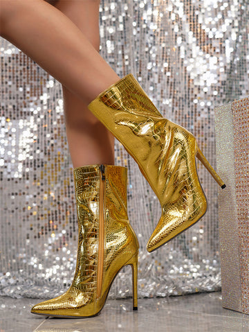 Women's Metallic Color High Heel Ankle Boots Pointed Toe