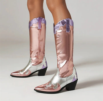 Women's Metallic Western Boots Chunky Heel Colorful Barbie Style