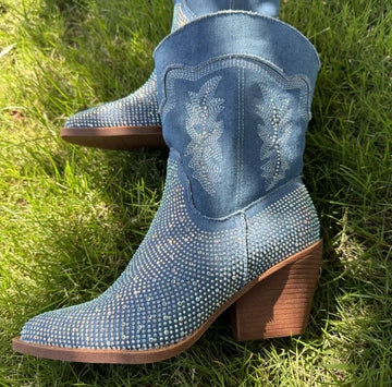 Women's Mid Calf Western Boots Rhinestone Embossed Denim Cowgirl