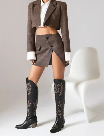 Women's Outfit Set Tweed Short Long Sleeve Blazer Mini Split Skirt