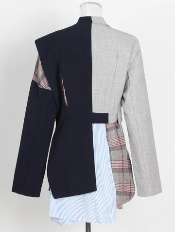 Women's Patchwork Blazer Notched Collar Long Sleeve İrregular Striped Coat