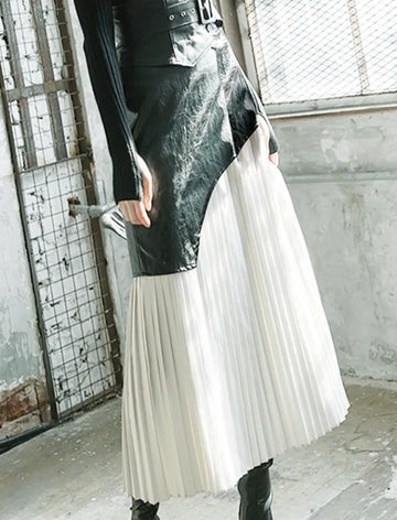 Women's Pleated Skirt Patchwork Leather Midi High Waist  Autumn Season