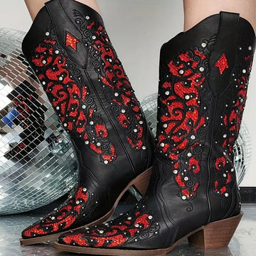 Women's Rhinestone Decor Western Knee High Boots